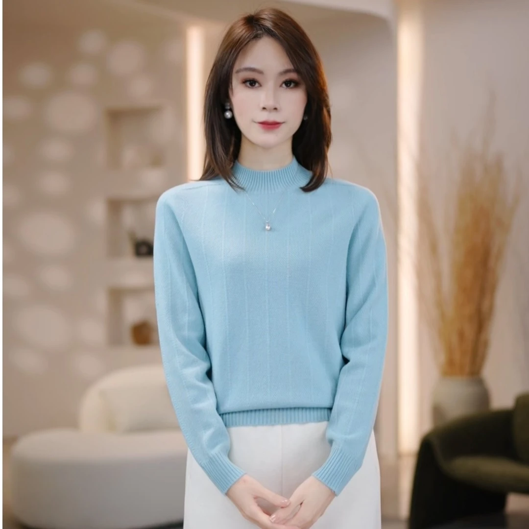 秋冬新款羊毛针织衫气质百搭圆领长袖羊毛半高领设计感女士内搭