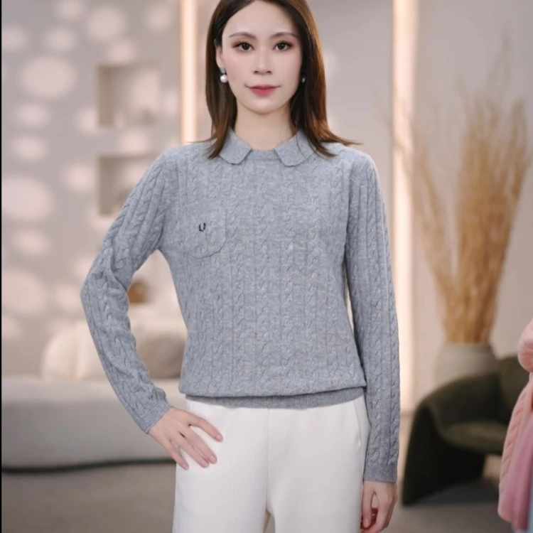 麻花翻领毛衣女秋季新款口袋设计气质时尚洋气百搭刺绣针织衫上衣