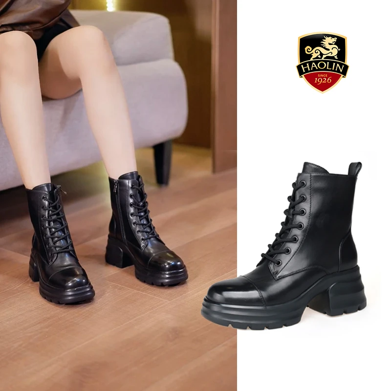 豪麟名鞋迪嘉女装牛皮革百搭厚底帅气马丁靴DJHJA42WN010