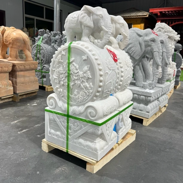 石雕门墩抱鼓石一对汉白玉石鼓大象青石定制别墅庭院门口新中式