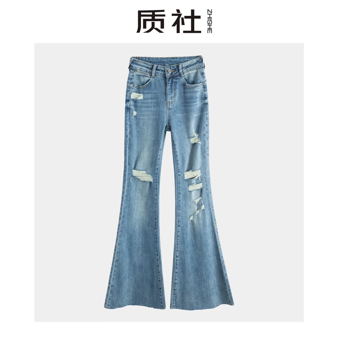 【春夏新品】 高档牛仔裤中腰破洞显瘦弹力喇叭裤牛仔裤水洗   E210