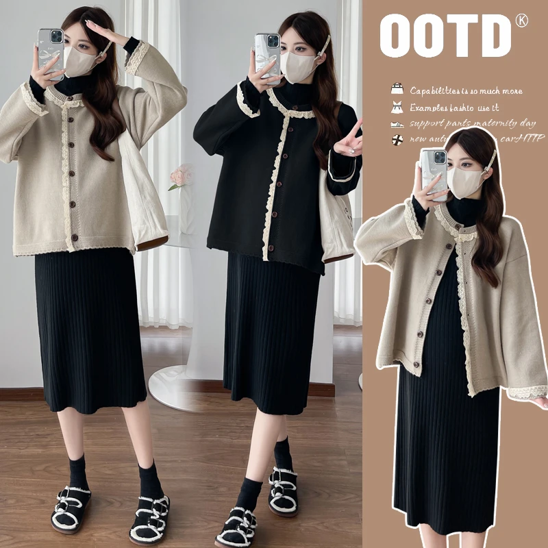孕妇装2024秋冬孕妇简约加厚毛衣外套+半高领中长款连衣裙-717