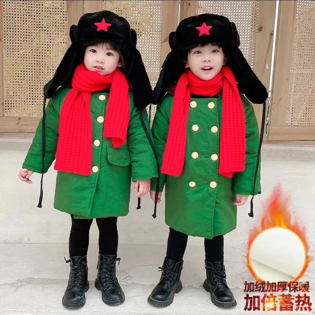 儿童军棉大衣加棉加厚中长款男女童外套东北军绿棉衣加绒冬亲子装