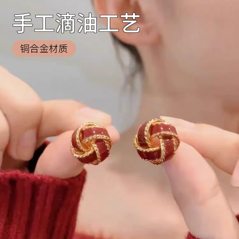 铜合金耳饰 春夏滴釉复古同心结气质耳钉草绿色独特个性缠绕耳饰i