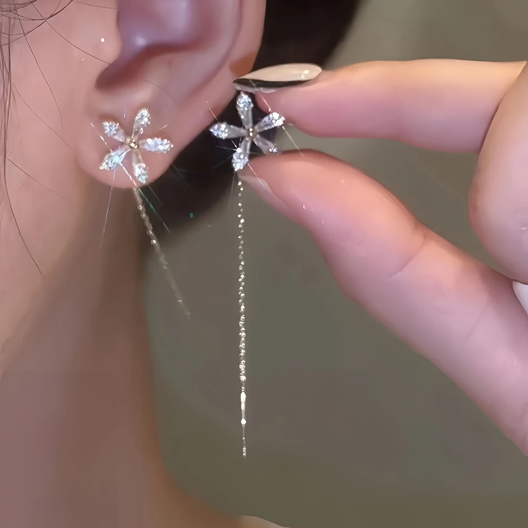 铜合金耳饰 独特设计感精致闪锆花朵流苏耳线轻奢气质长款耳饰ins