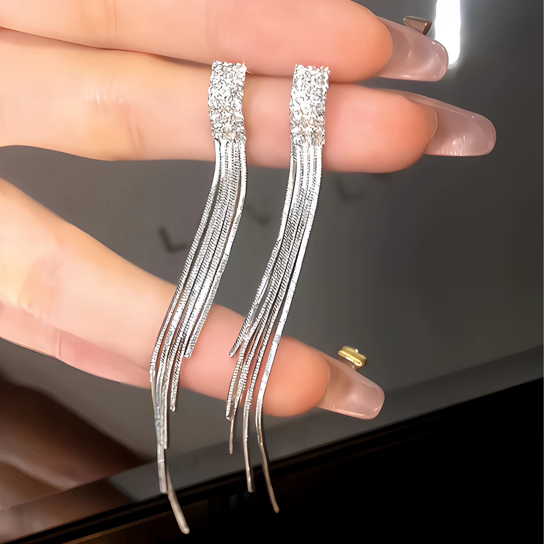 铜合金耳饰 冷淡风蛇骨链微镶闪锆时尚百搭极简小众长款流苏耳钉i