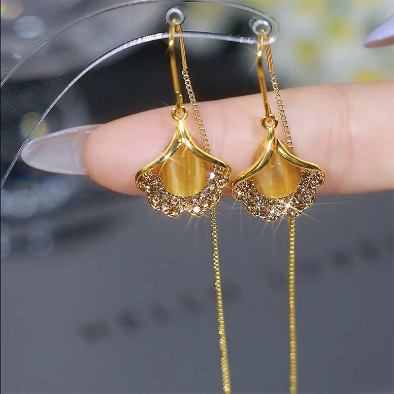 925银耳饰精致美拉德猫猫石银杏叶流苏耳线设计感洋气防丢耳线轻