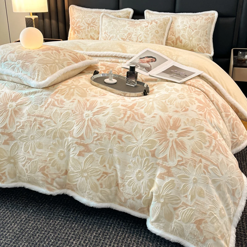 冬新款梵花立体雕花牛奶绒四件套高克重加厚绒保暖精雕花绒加绒