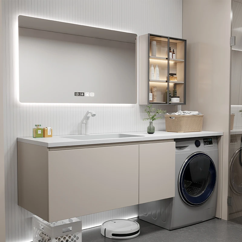 奶咖色洗衣机一体柜卫生间浴室柜组合洗脸洗漱洗手台盆柜智能镜柜