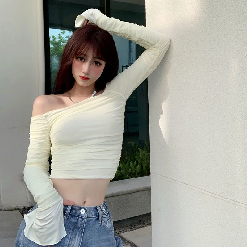 纯欲风显瘦网纱褶皱长袖一字肩上衣女秋外穿修身露脐紧身短款T恤