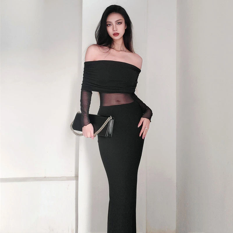 法式气质黑色修身收腰显瘦长袖连衣裙女春辣妹性感一字肩长裙潮