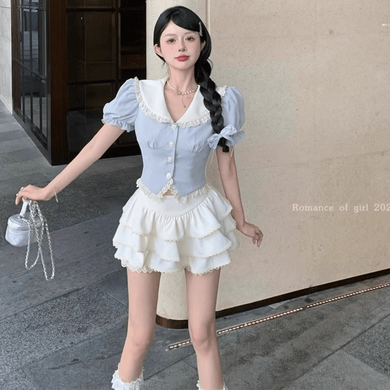 奶系穿搭别致绝美上衣又甜又辣白色蛋糕短裙小个子上下两件套夏季