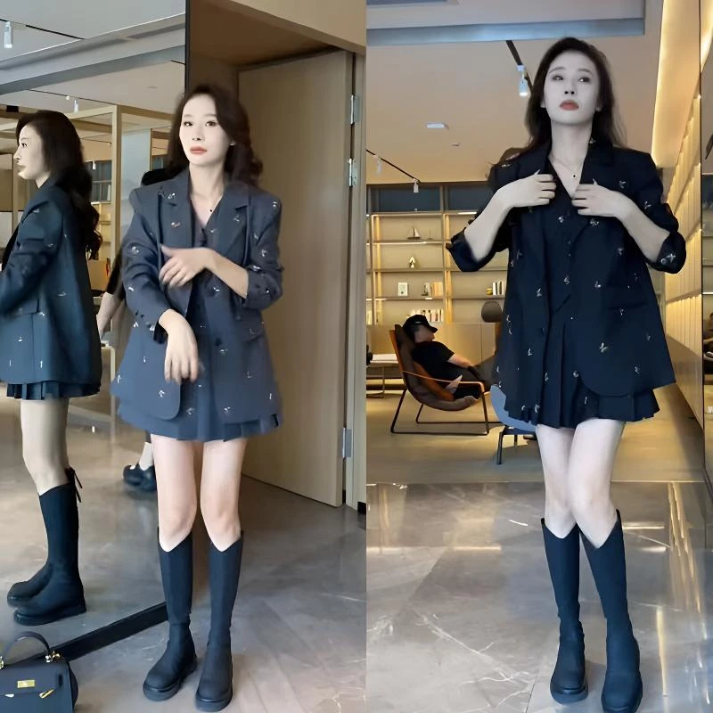 秋季网红新款时尚洋气减龄休闲气质西服外套马甲短裙套装女三件套