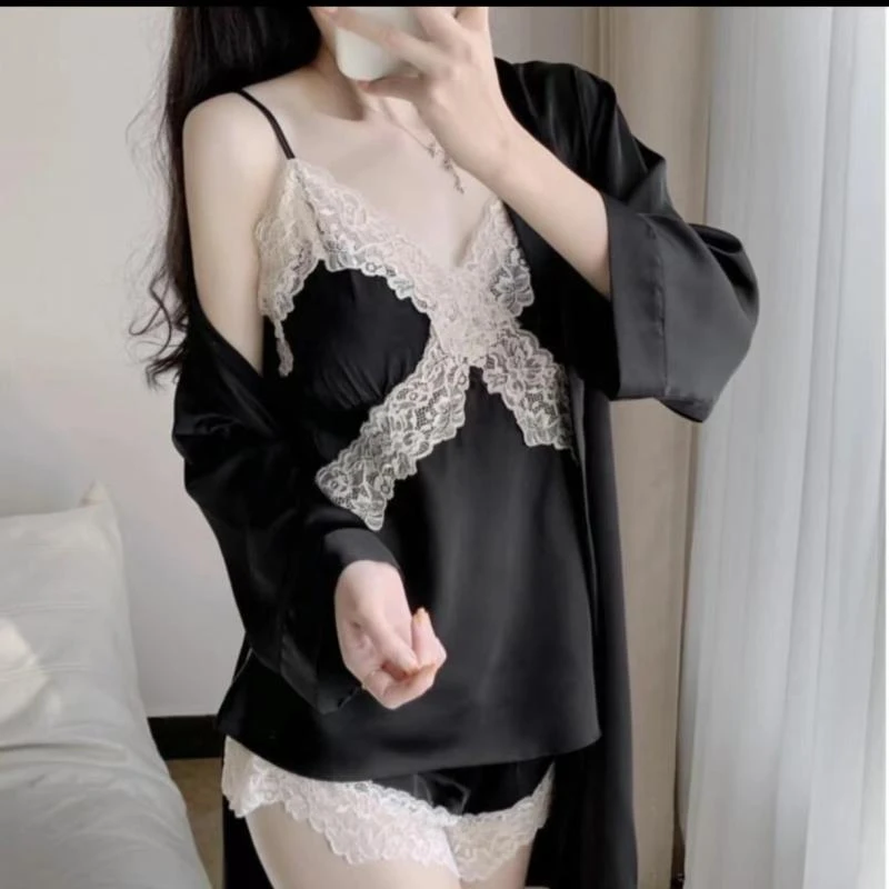 黑色吊带短裤性感蕾丝薄款时尚透气夏季女士时尚新款韩版睡衣套装