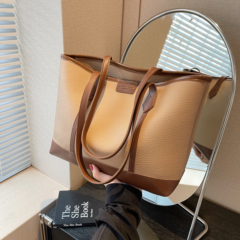 新款小众轻奢荔枝纹通勤单肩包时尚撞色托特包百搭高级感大包包