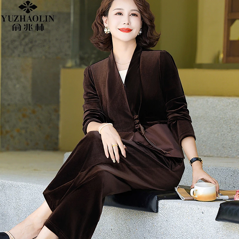 中年妈妈秋装金丝绒套装洋气中老年女装新中式国风春秋季气质上衣
