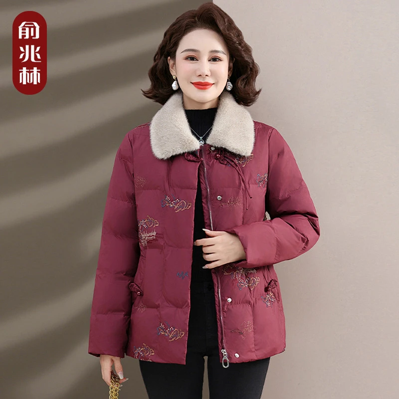 中老年妈妈冬装加绒棉服外套2024新款秋冬加厚绣花棉袄洋气棉衣女