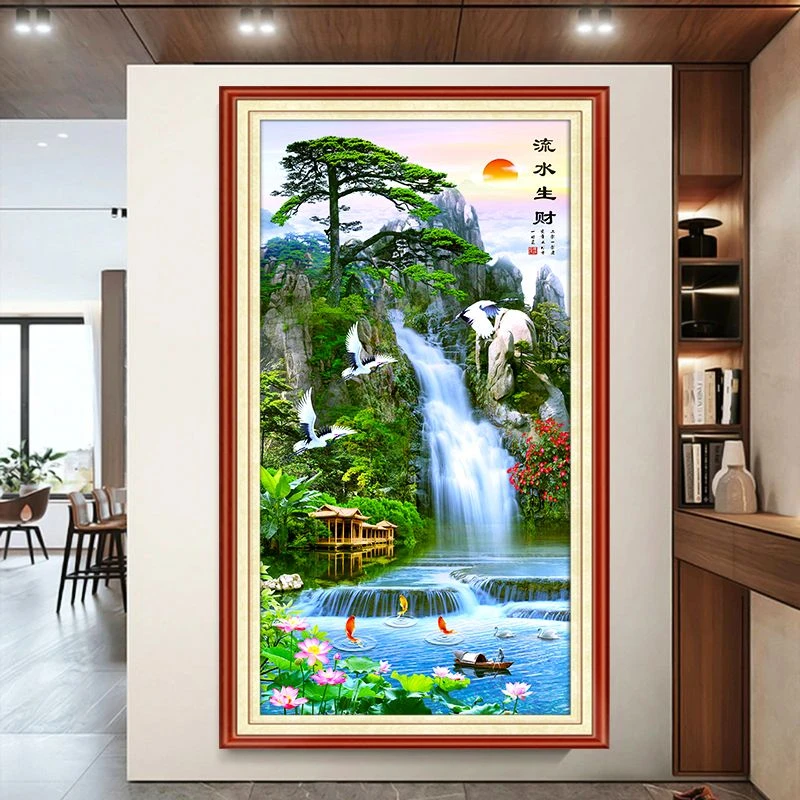 流水生财入户玄关装饰画办公室进门中式高档晶瓷镶钻挂画走廊过道