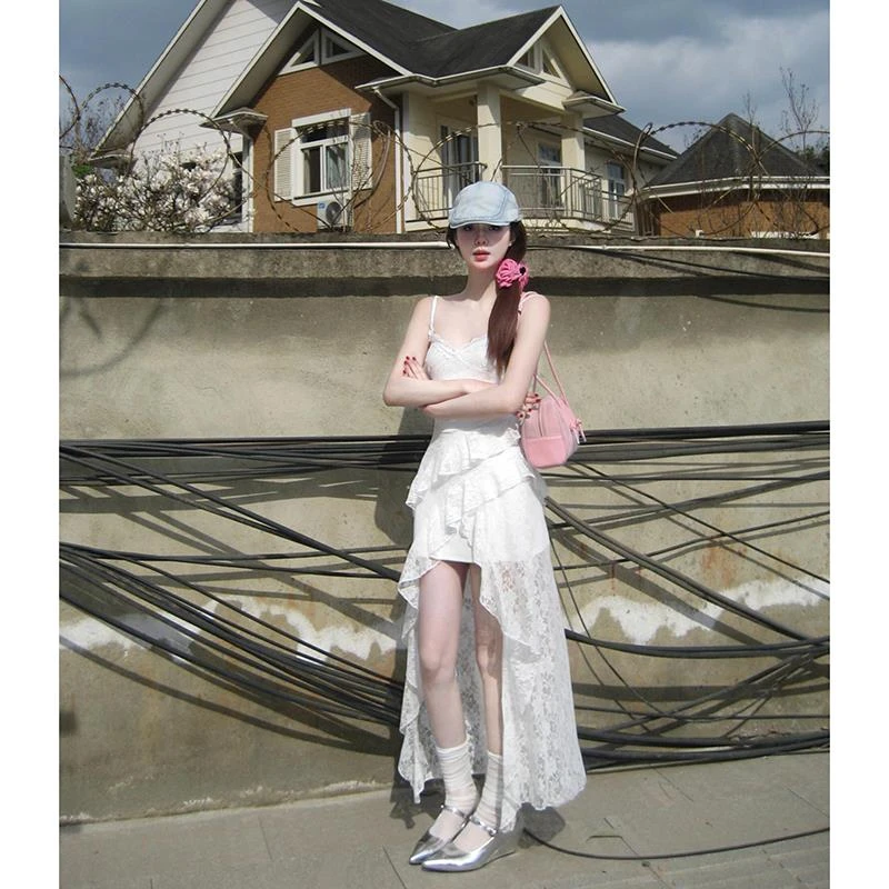 元族（纯欲辣妹风不规则下摆开叉连衣裙浪漫氛围感修身蕾丝吊带短