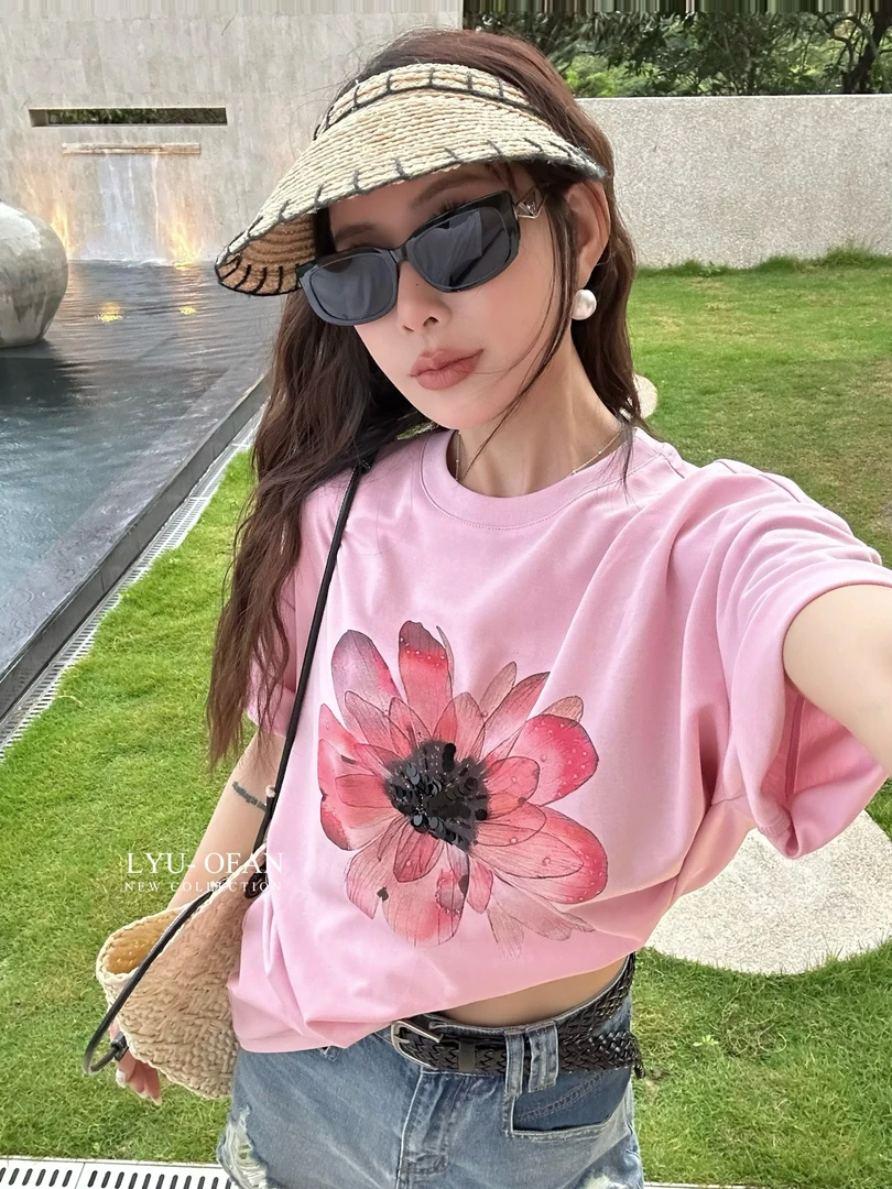 欧洲站2024夏季新款 设计师款小众复古甜酷辣撞色钉珠花朵短袖T恤