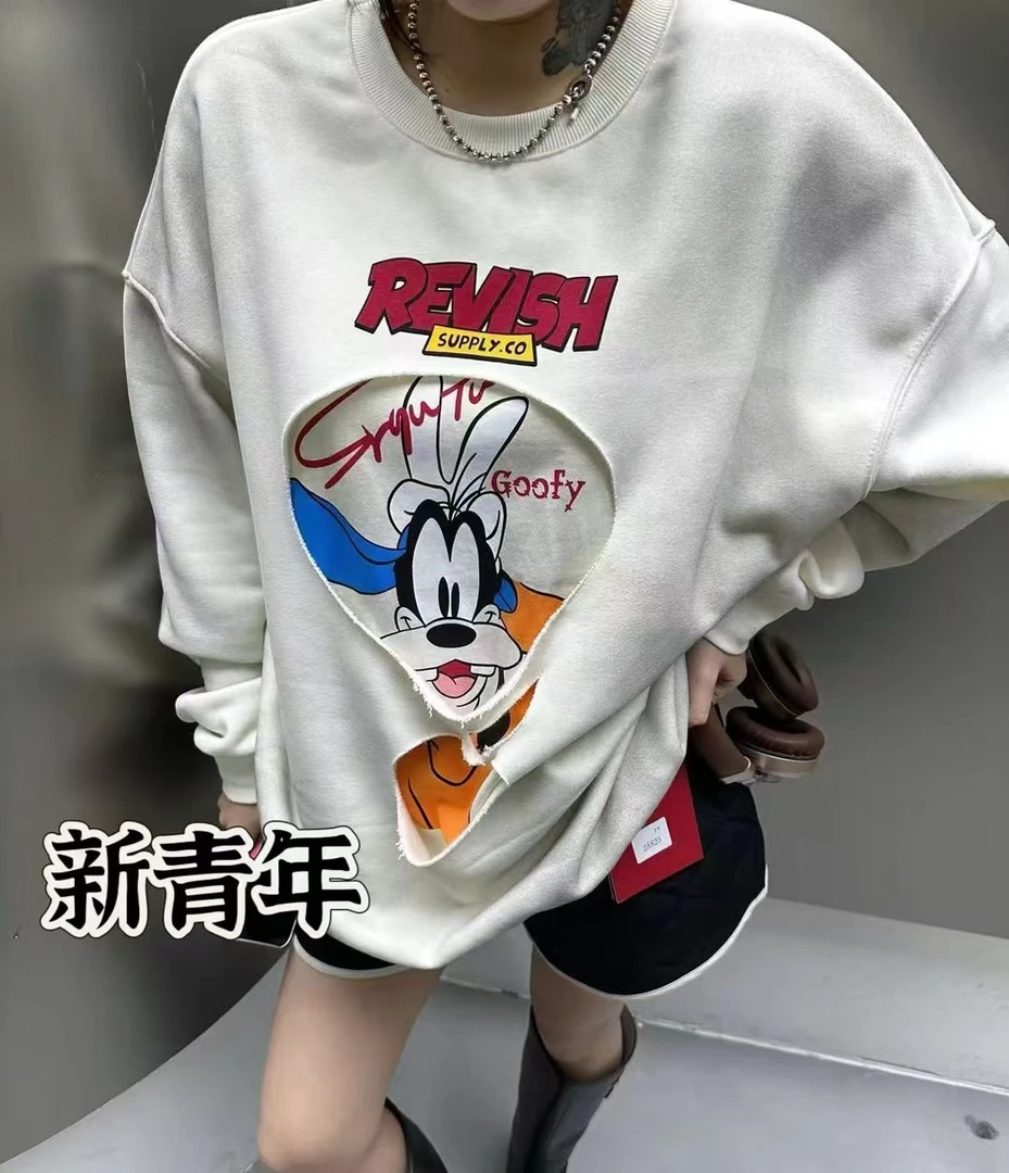 欧洲站新青年卡通高飞字母印花做旧晕染假两件加绒宽松卫衣女潮