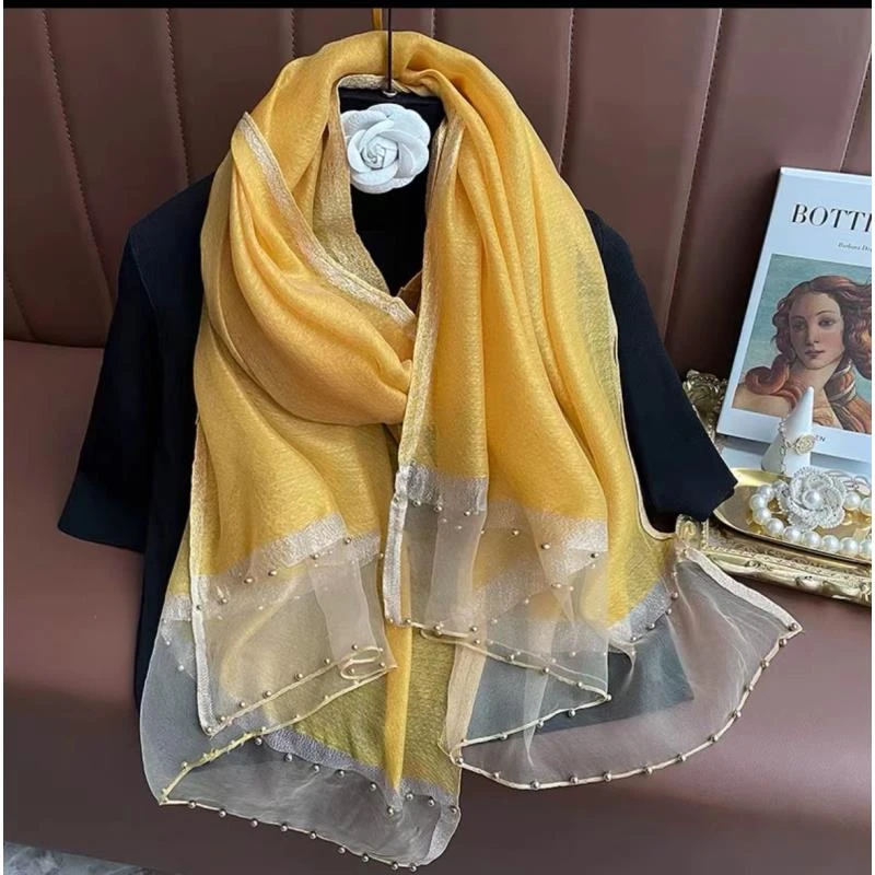 S-34-13 桑蚕丝羊毛65x175左右钉珠款围巾秋冬新款丝巾