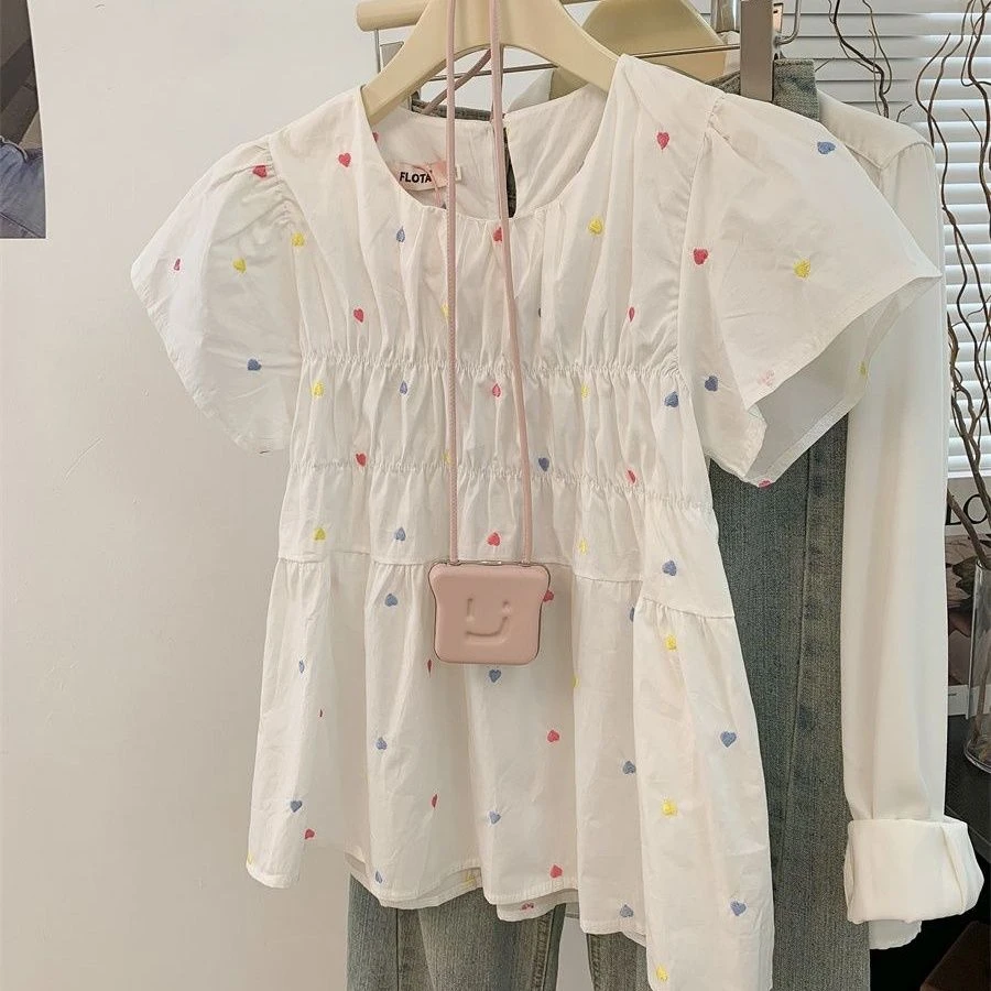 日系清新甜美少女风爱心图案宽松T恤女夏短袖简约时尚显瘦短袖女