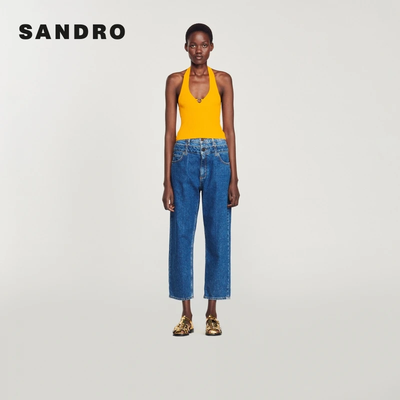 SANDRO早秋女装多巴胺桔色挂脖吊带内搭罗纹针织上衣SFPPU01920