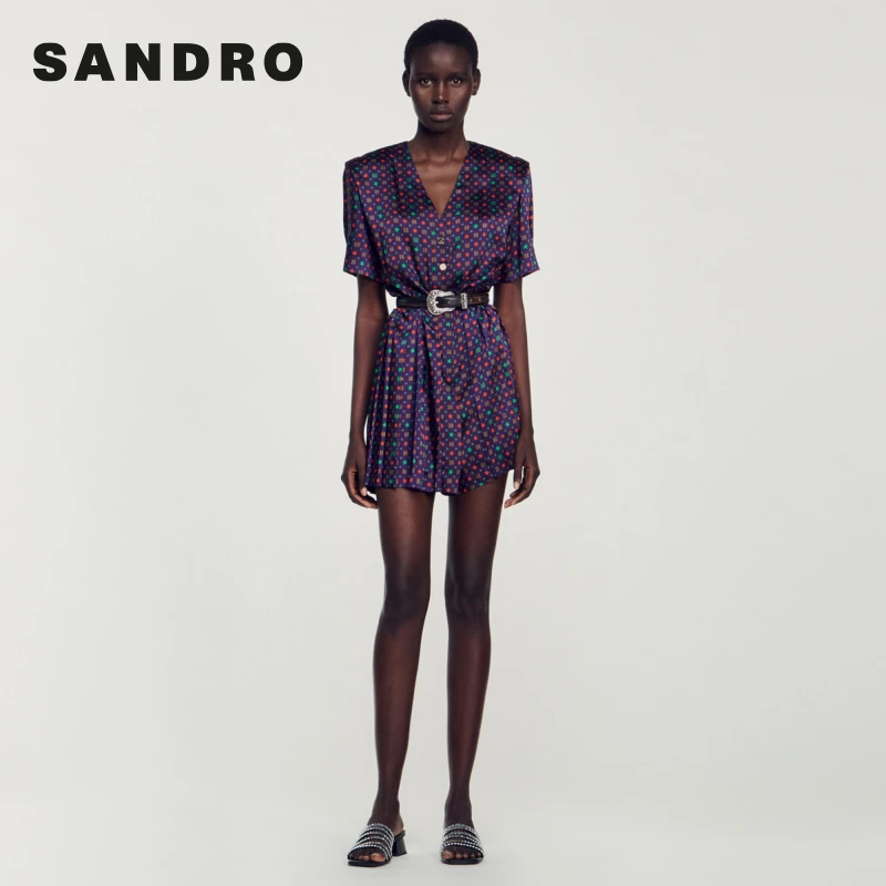 商场同款|SANDRO女装高级感时尚V领碎花系带连体裤SFPCO00251