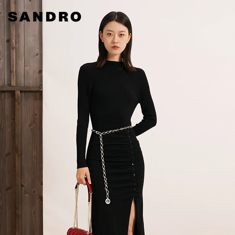 商场同款|SANDRO早秋女装高级感设计开衩长袖连衣裙SFPRO02583