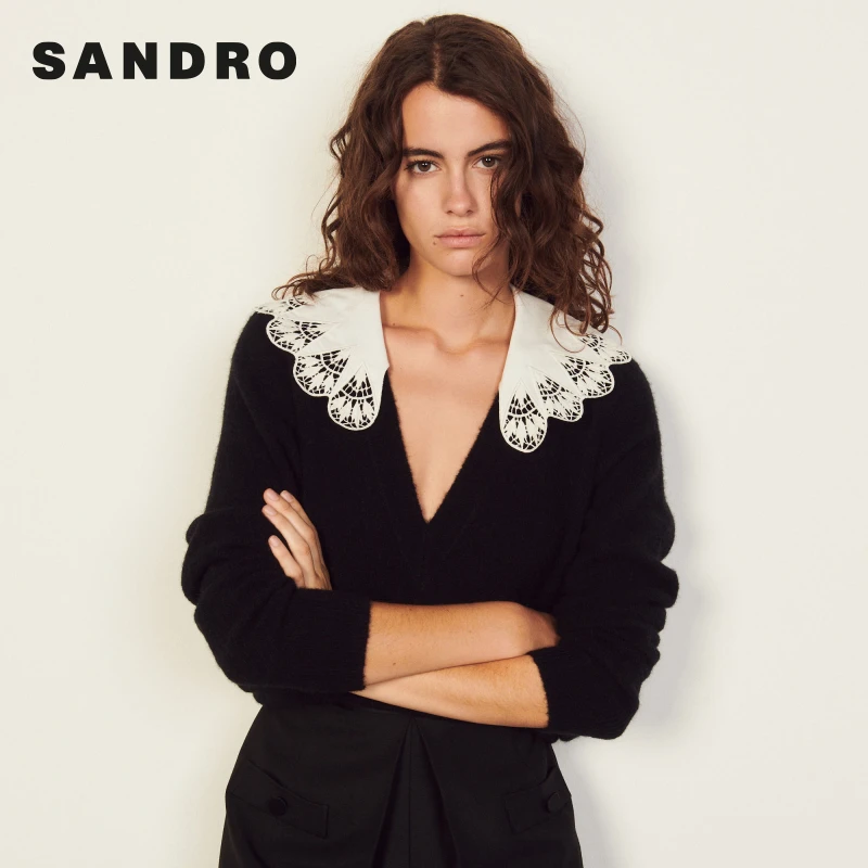 【法式领感】SANDRO经典款女装套头镂空花边领针织上衣SFPPU01244