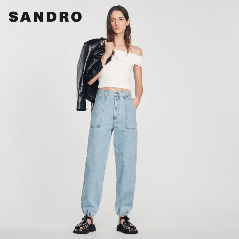 SANDRO夏季新款女装法式花边一字肩短款针织衫上衣SFPPU01758
