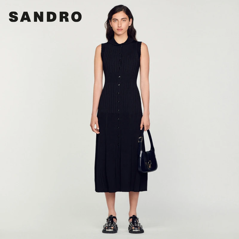 【下架】SANDRO法式优雅修身黑色无袖针织气质收腰连衣裙SFPRO03189