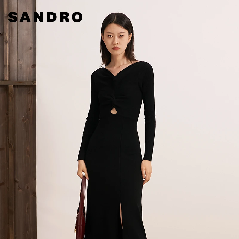 抖音双11|SANDRO女装设计感镂空黑色收腰开叉连衣裙SFPRO03299