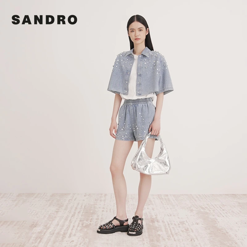 【下架】SANDRO春夏女蓝色镶钻短款棉质牛仔短袖衬衫SFPCM01044