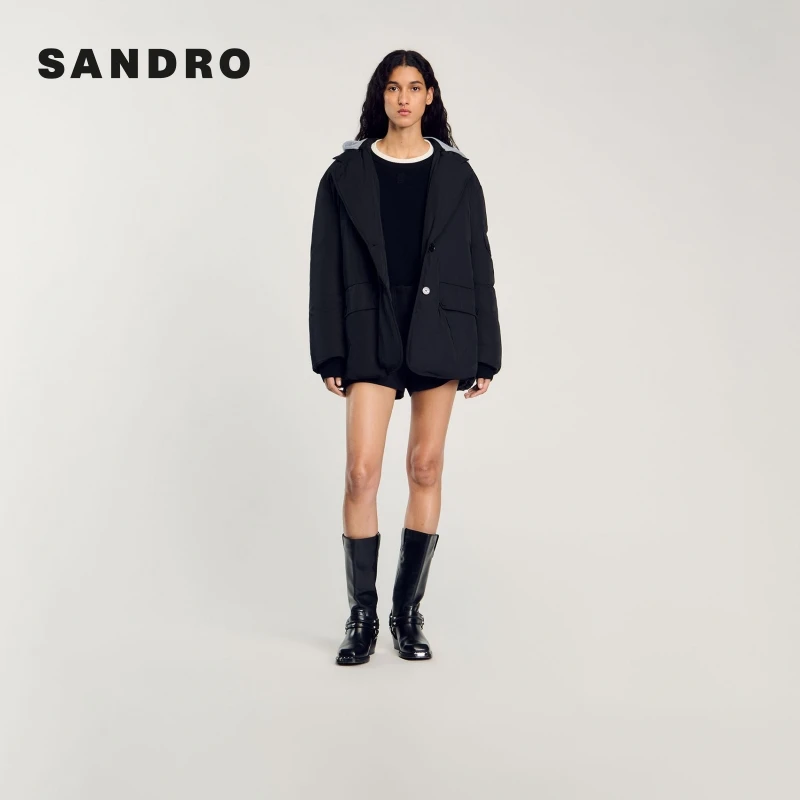 SANDRO新款女装法式休闲撞色连帽棉服棉衣外套SFPOU00684