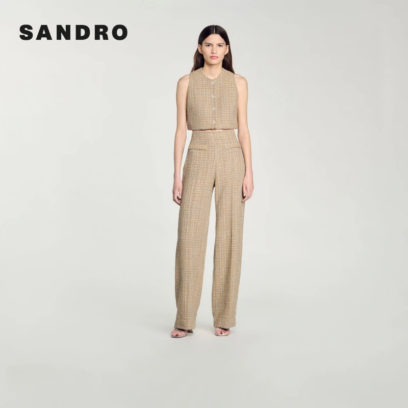SANDRO秋冬新款女装法式复古格纹花呢高腰直筒长裤SFPPA01563