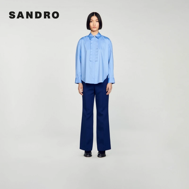 SANDRO秋冬法式气质休闲直筒褶边衣襟仿珍珠长袖衬衫SFPCM00956