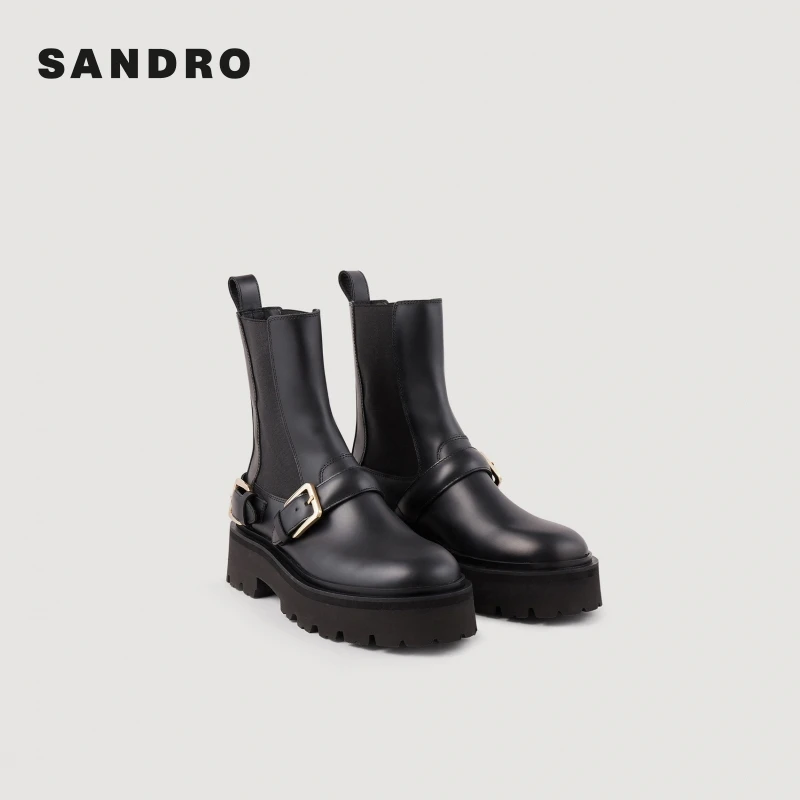 SANDRO新款女士皮质厚底增高金属饰扣中筒短靴SFACH01022