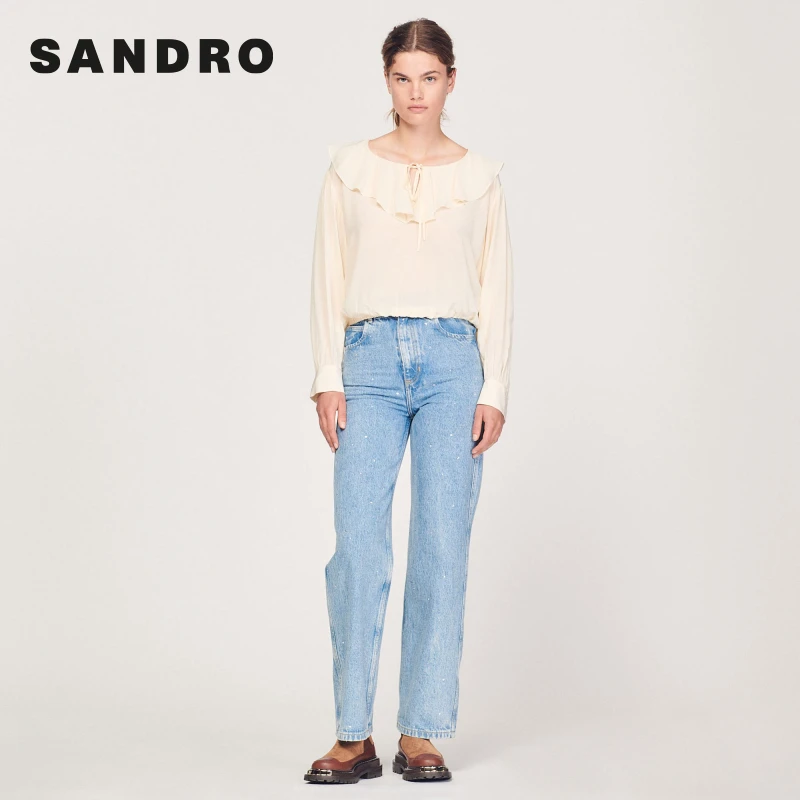 【过季款下架】SANDRO春夏高级感系带荷叶边领衬衫上衣SFPTO00473
