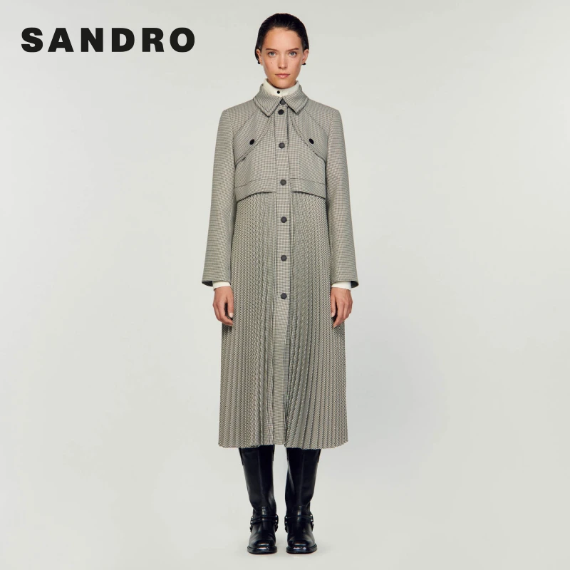 SANDRO秋冬新款女装法式时尚长款假两件长款风衣外套SFPOU00579
