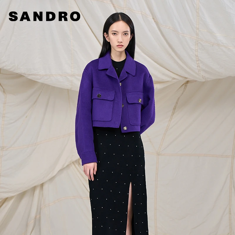 【过季款下架】sandro法式纯色时尚羊毛短款夹克毛呢外套SFPOU00413