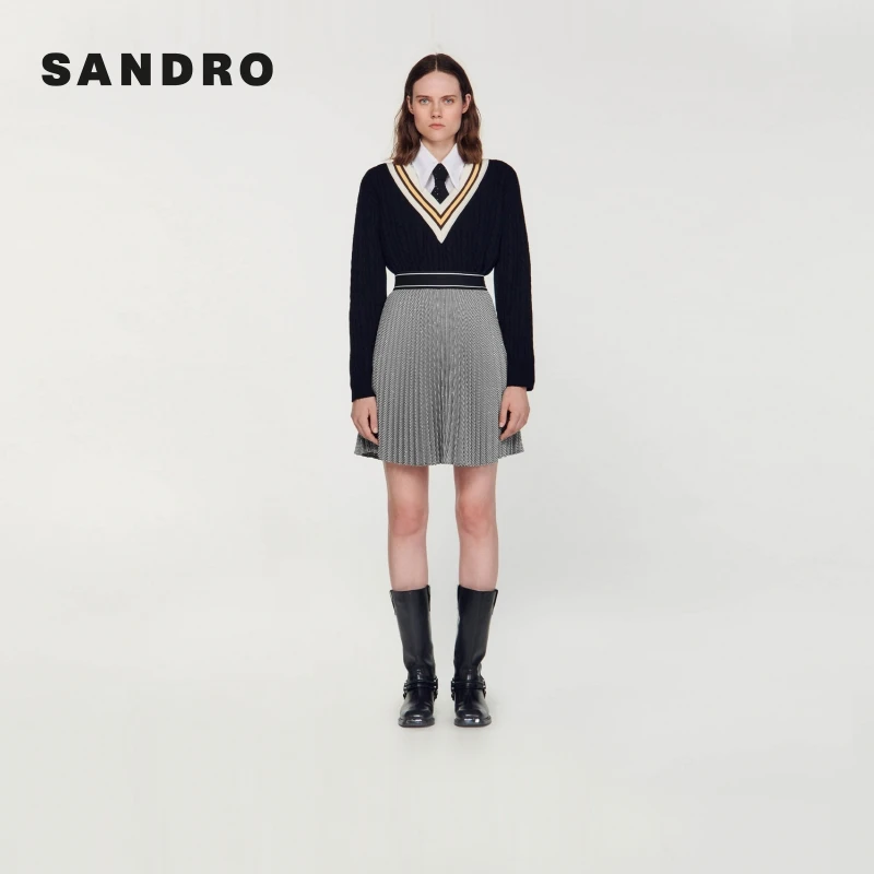 【搭搭专属】SANDRO女装撞色高腰松紧A字百褶半身裙SFPJU00928