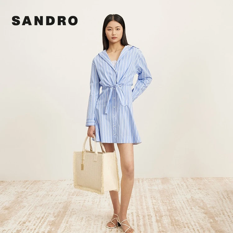 【搭搭专属】SANDRO春秋女装假两件条纹收腰连衣裙SFPRO03598