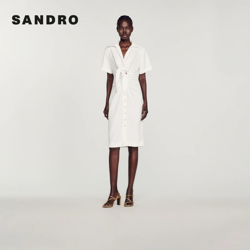 商场同款|SANDRO春夏女装气质短袖白色收腰系带连衣裙SFPRO02833