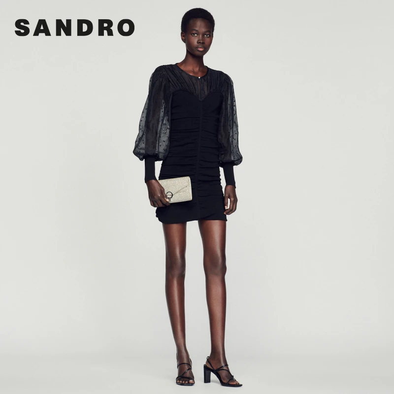 【过季款下架】SANDRO春夏女装泡泡袖微透修身黑色连衣裙SFPRO02694