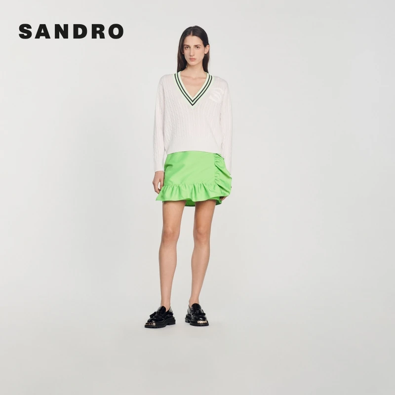 SANDRO早秋女装法式气质宽松V领撞色绞花针织衫上衣SFPPU01800