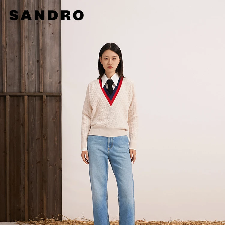 SANDRO女装高级感法式气质撞色时尚V领针织上衣SFPPU01977