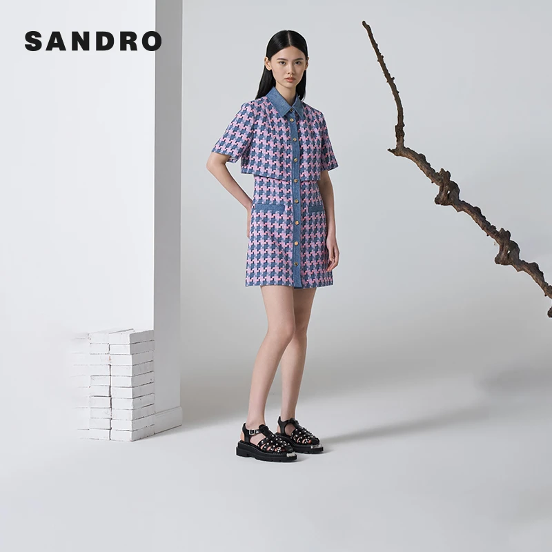 【暂下架】SANDRO春夏紫色牛仔拼接花呢假两件短款连衣裙SFPRO02785