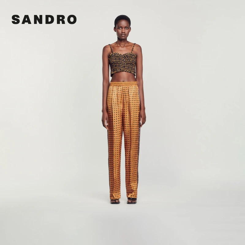 SANDRO早秋新款女装法式时尚舒适光泽感印花阔腿裤长裤SFPPA01241
